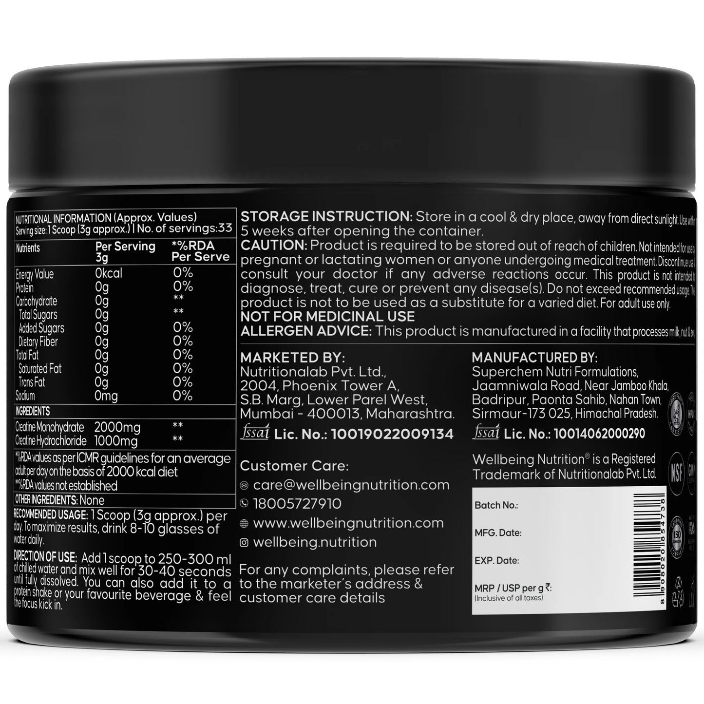 Wellbeing Nutrition 100% Pure Micronized Creatine + Monohydrate + HCL
