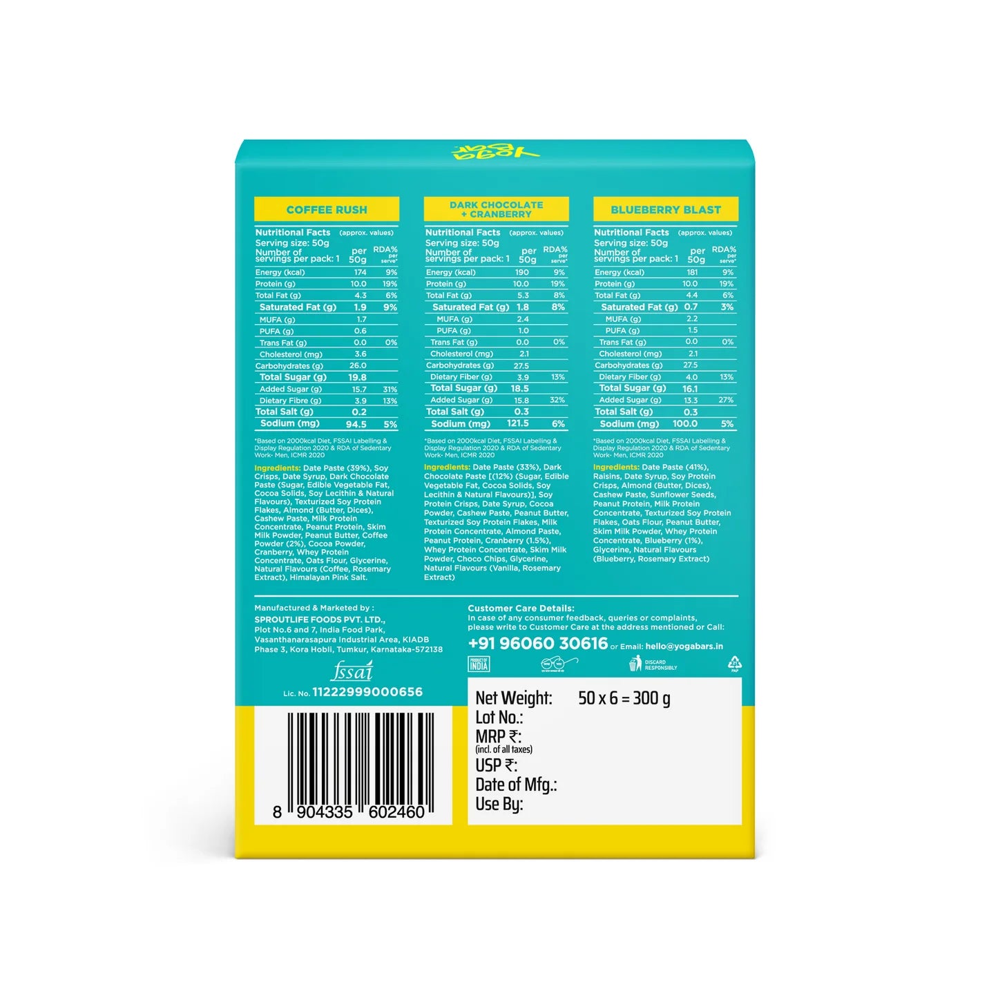 YogaBar Variety Pack 10g Protein Bar Box (Pack of 6) 300g
