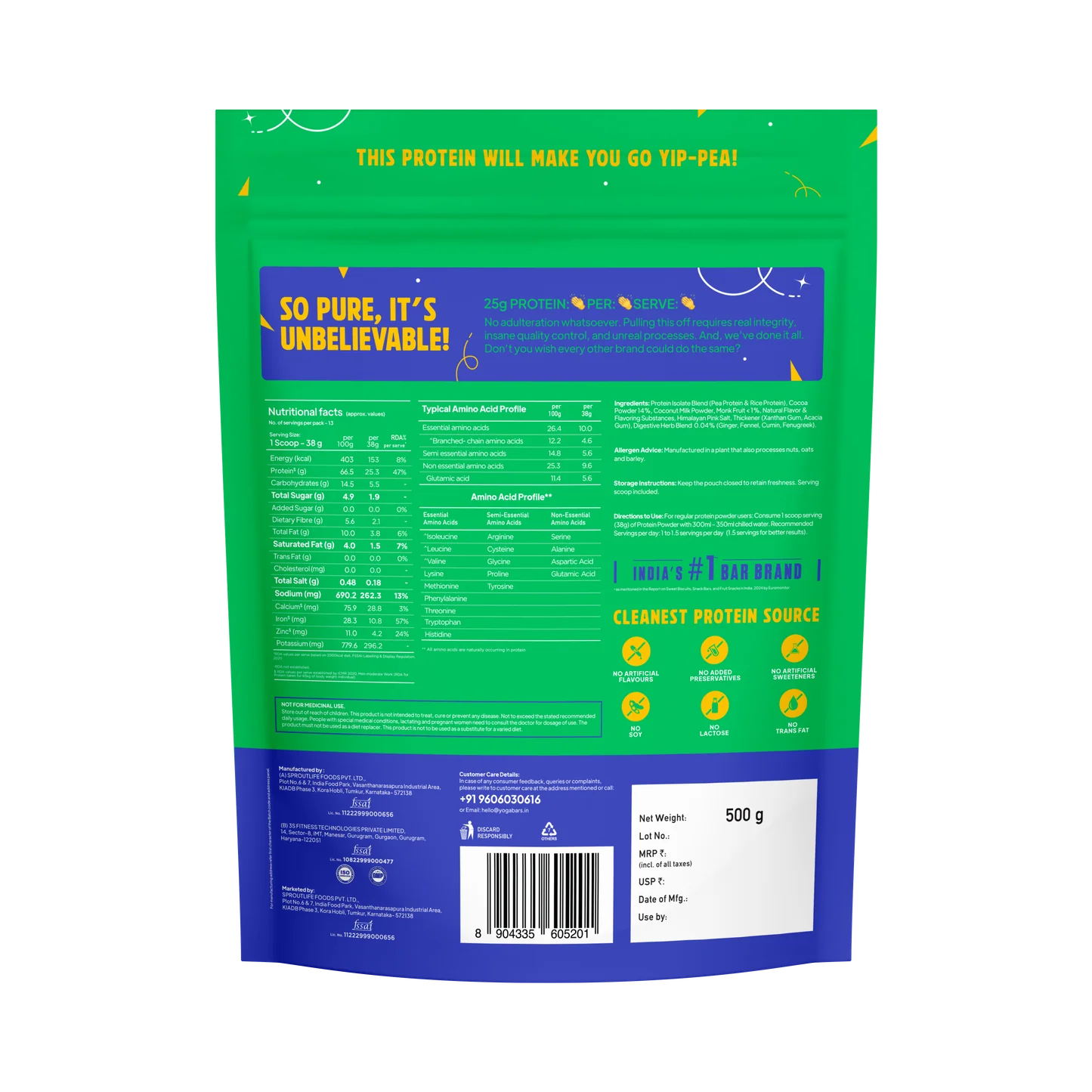 YogaBar ProClean Plant Protein with Monk Fruit (Chocolate) 500g