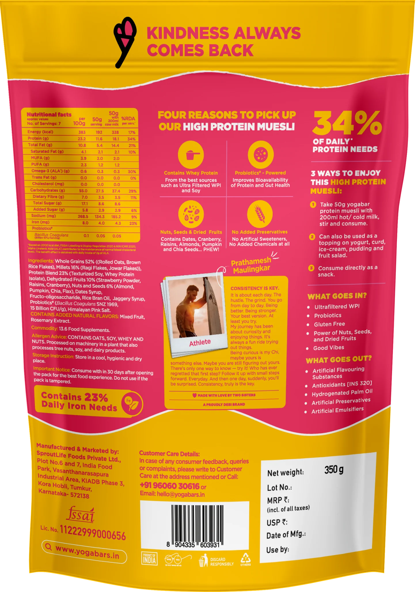 YogaBar High Protein Muesli Fruits, Nuts & Seeds 350g