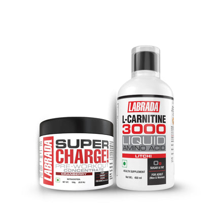 labrada l-carnitine 450ml (3000mg) litchi flavor + super charge pre-workout concentrate 150g