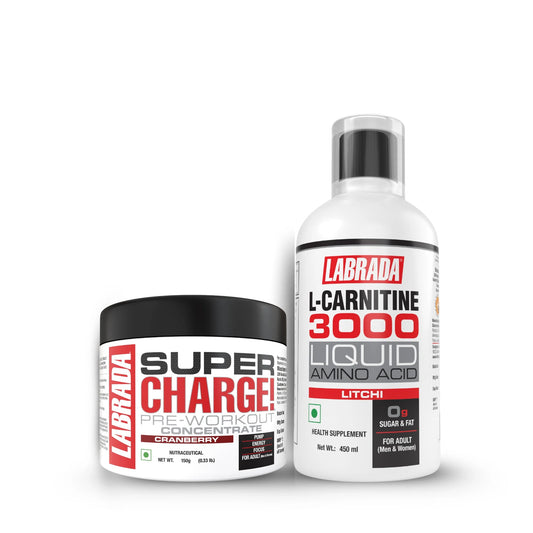 labrada l-carnitine 450ml (3000mg) litchi flavor + super charge pre-workout concentrate 150g