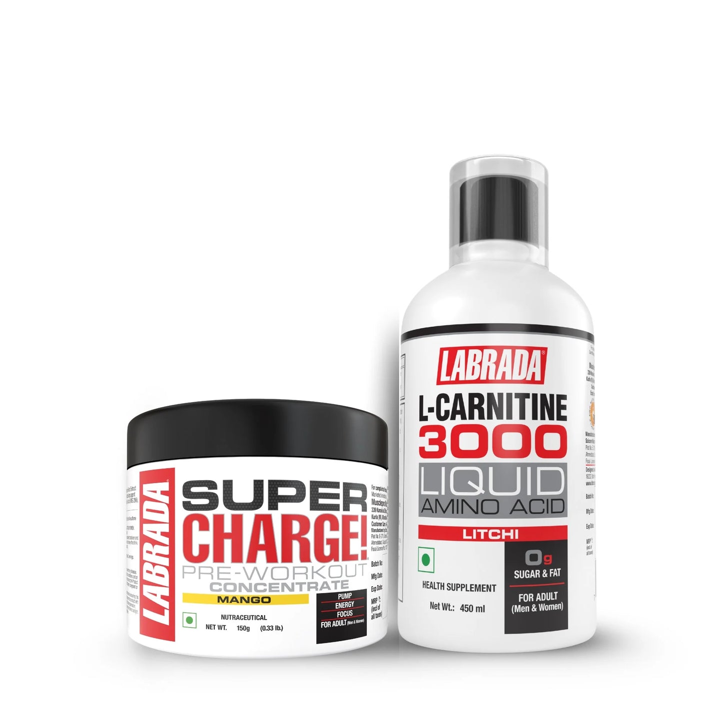 labrada l-carnitine 450ml (3000mg) litchi flavor + super charge pre-workout concentrate 150g