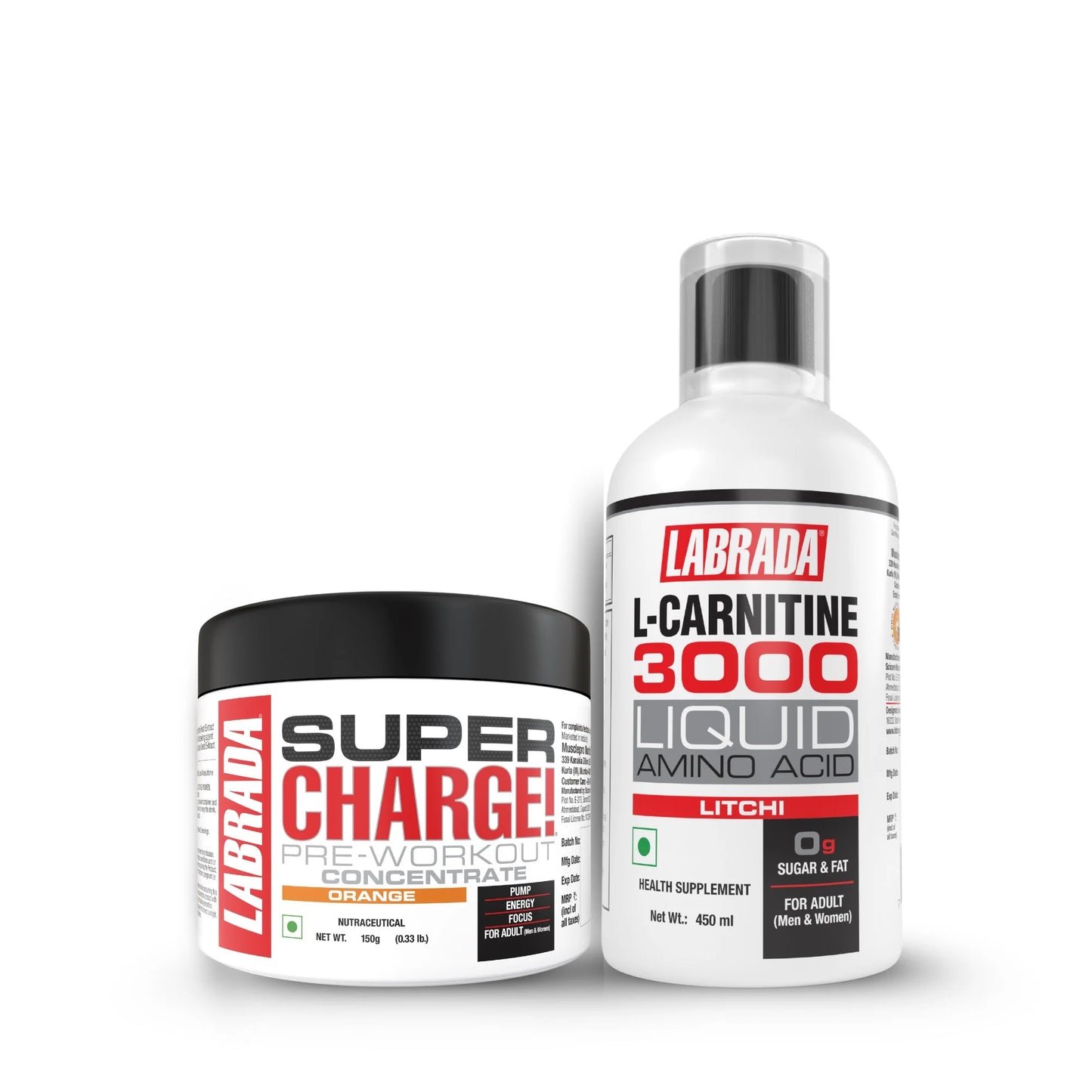 labrada l-carnitine 450ml (3000mg) litchi flavor + super charge pre-workout concentrate 150g