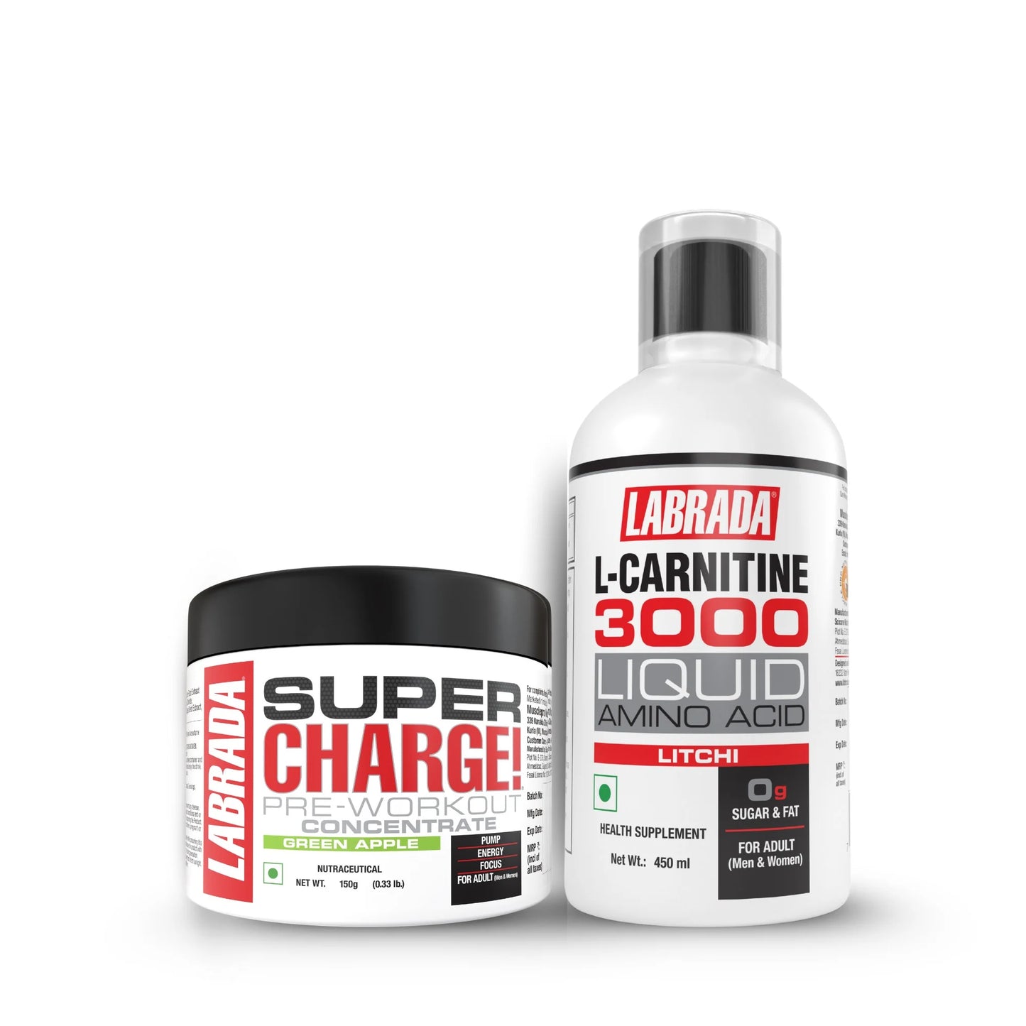 labrada l-carnitine 450ml (3000mg) litchi flavor + super charge pre-workout concentrate 150g