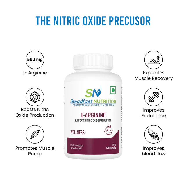 steadfast nutrition L- Arginine Supplement 500mg, 60 Capsules, Supports Nitric Oxide Production