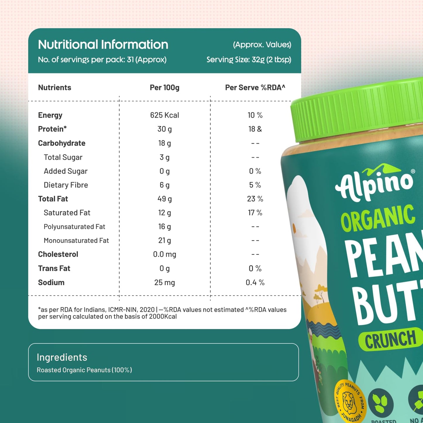 Alpino Organic Natural Peanut Butter | 30g Protein & Pure