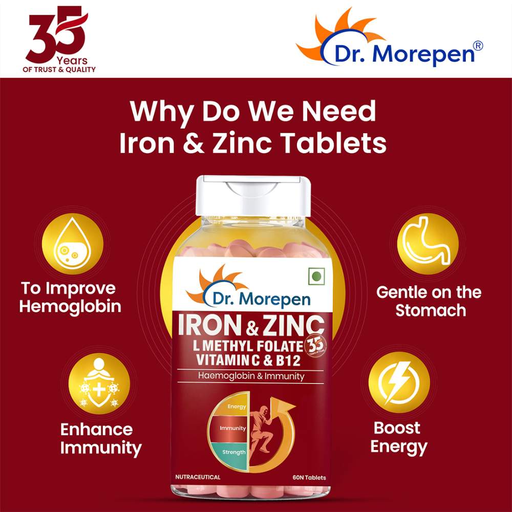 Dr. Morepen Iron & Zinc with Vitamin C & B12 | Energy Boost