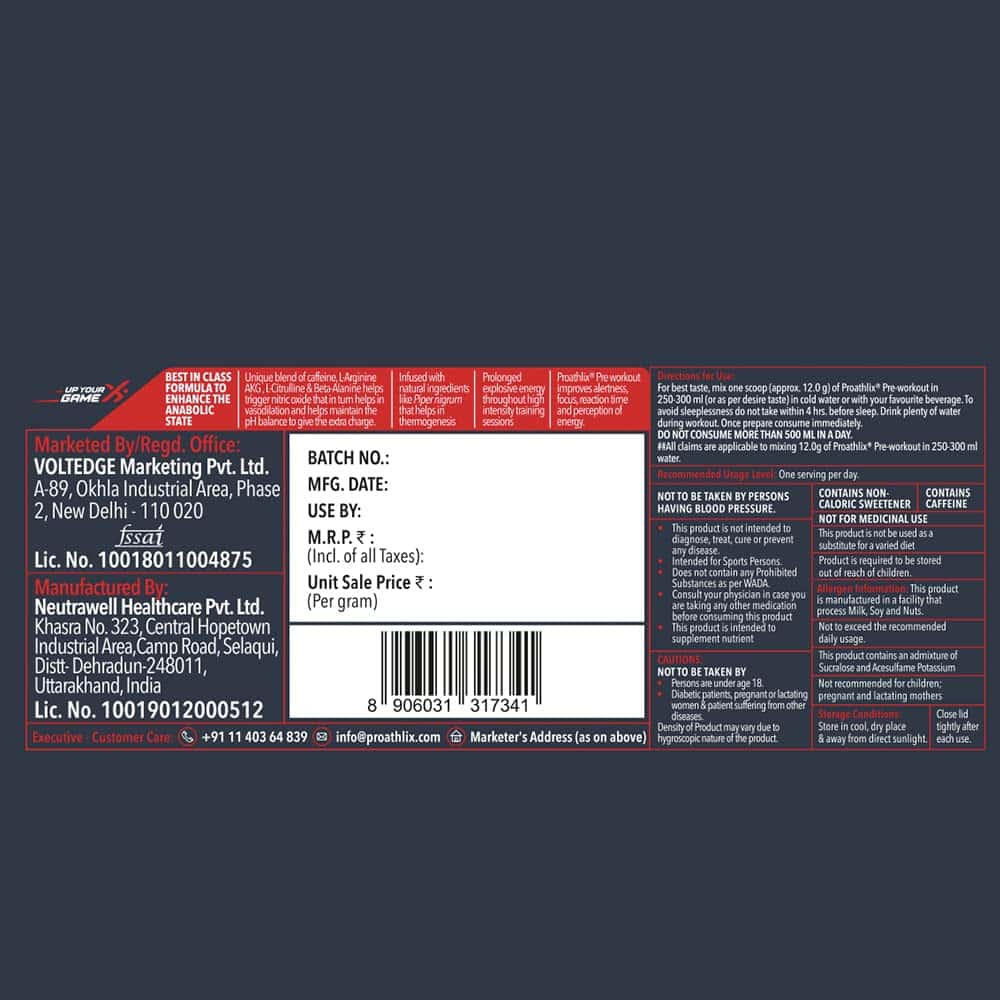 Proathlix Pre-Workout - L-Arginine, Beta-Alanine & Caffeine Powder