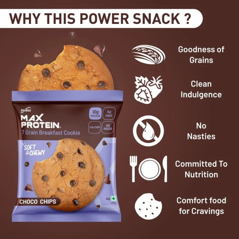 RiteBite Max Protein Choco Chips Cookies | 10g Protein Snack