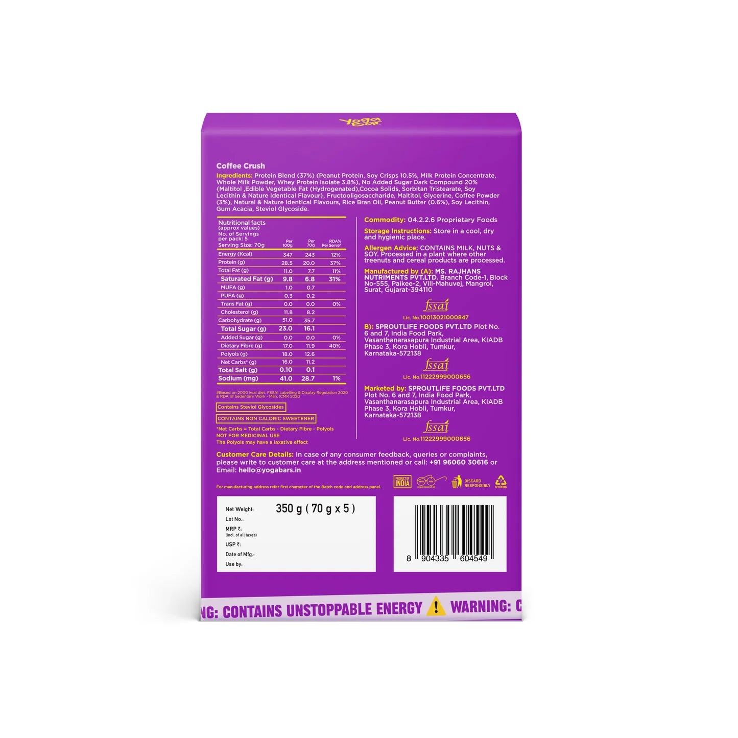 YogaBar Power Up Coffee Crush 20g Protein Bars - Pack of 5 350g