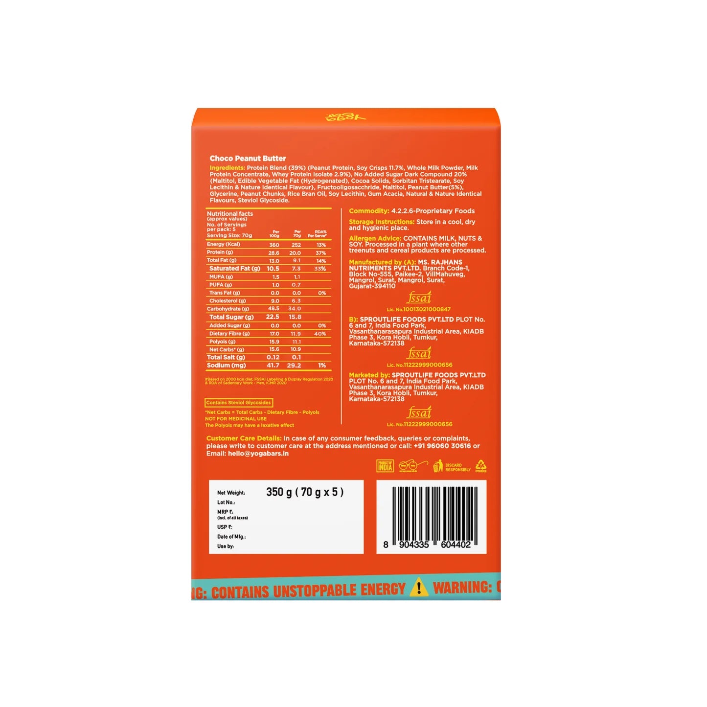 YogaBar Power Up Choco Peanut Butter 20g Protein Bars - Pack of 5 350g