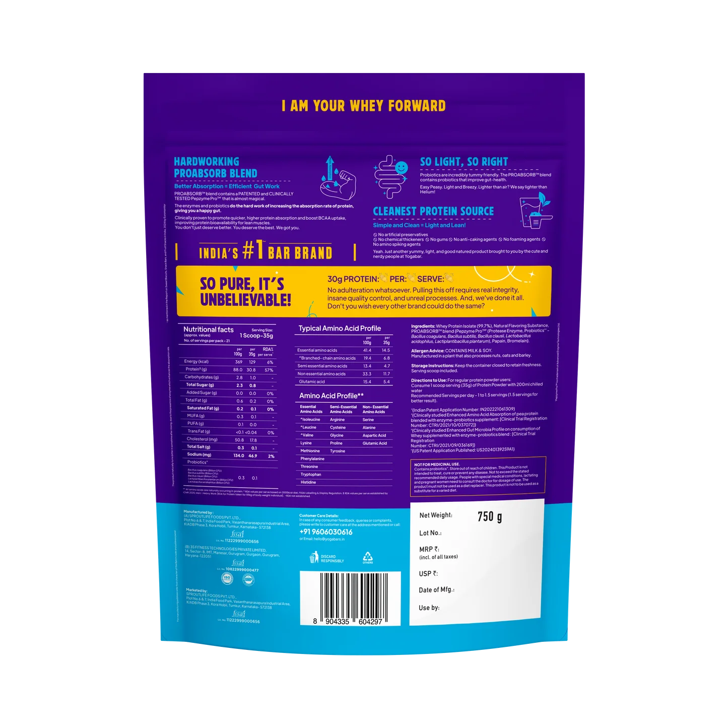 YogaBar ProClean Whey Protein Isolate 750g - Trustified Certified