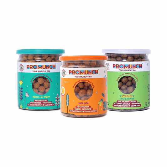 PROMUNCH Soya Snack Cheese & Onion | High Protein 150gm PROMUNCH Soya Snack Tangy Pudina | Protein-Rich 150gm PROMUNCH Soya Snack Peri-Peri | Vegan Protein Snack 150gm