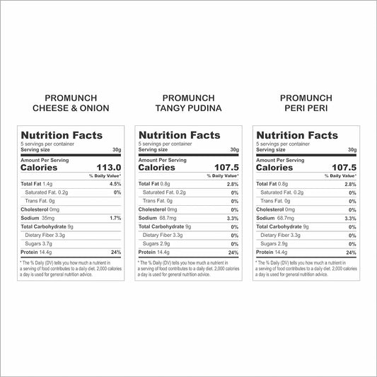 PROMUNCH Soya Snack Cheese & Onion | High Protein 150gm PROMUNCH Soya Snack Tangy Pudina | Protein-Rich 150gm PROMUNCH Soya Snack Peri-Peri | Vegan Protein Snack 150gm