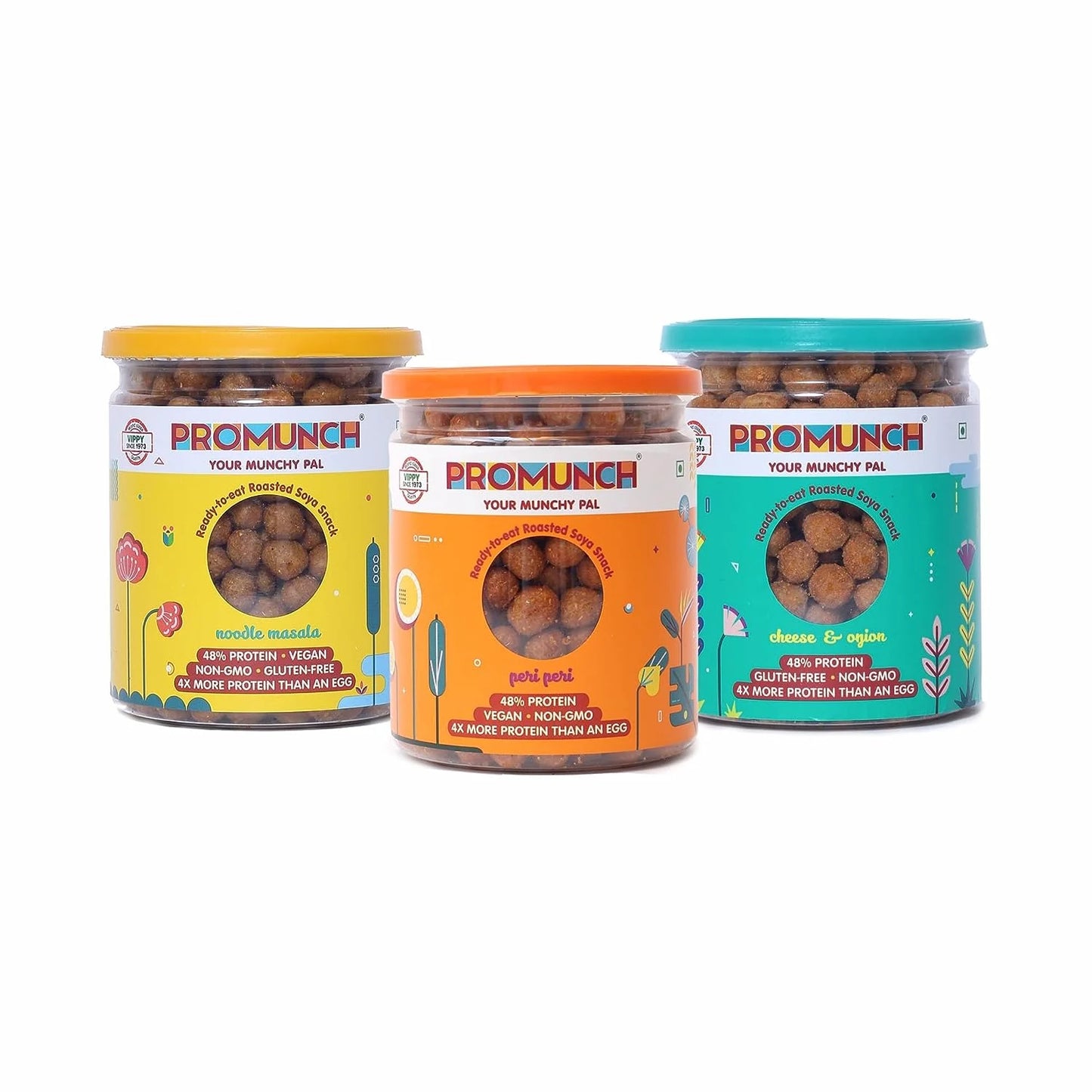 PROMUNCH Soya Snack Cheese & Onion | Protein Snack 150gm PROMUNCH Soya Snack Peri-Peri | Vegan Protein 150gm PROMUNCH Soya Snack Noodle Masala | High Protein 150gm