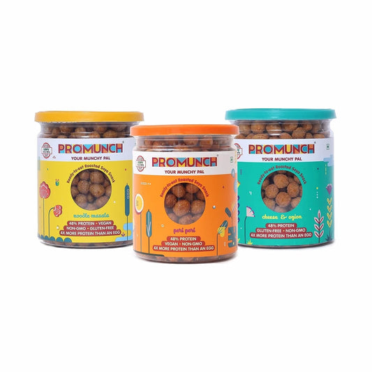 PROMUNCH Soya Snack Cheese & Onion | Protein Snack 150gm PROMUNCH Soya Snack Peri-Peri | Vegan Protein 150gm PROMUNCH Soya Snack Noodle Masala | High Protein 150gm