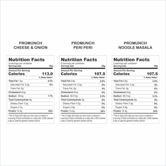 PROMUNCH Soya Snack Cheese & Onion | Protein Snack 150gm PROMUNCH Soya Snack Peri-Peri | Vegan Protein 150gm PROMUNCH Soya Snack Noodle Masala | High Protein 150gm