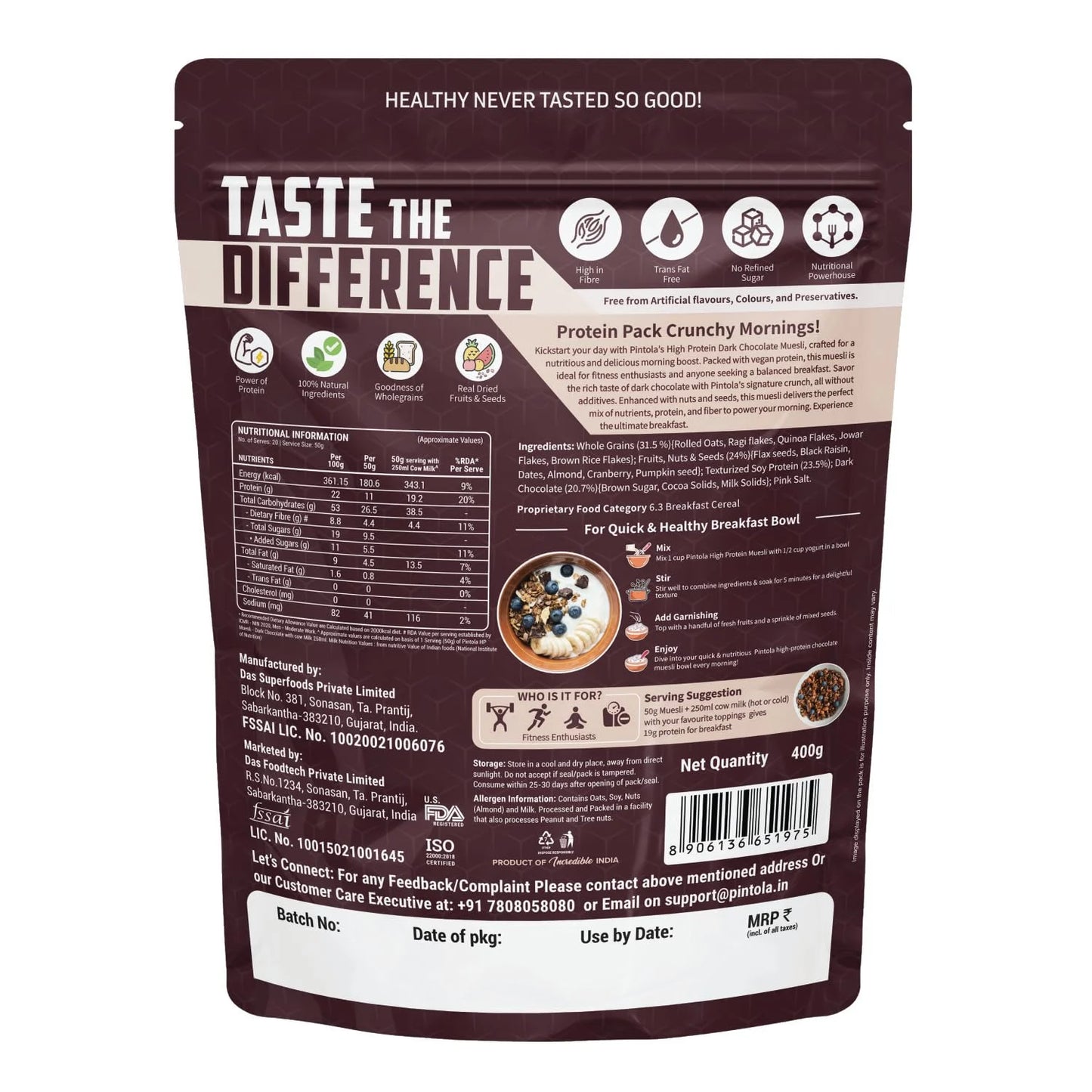 Pintola High Protein Muesli | Dark Chocolate & Cranberry