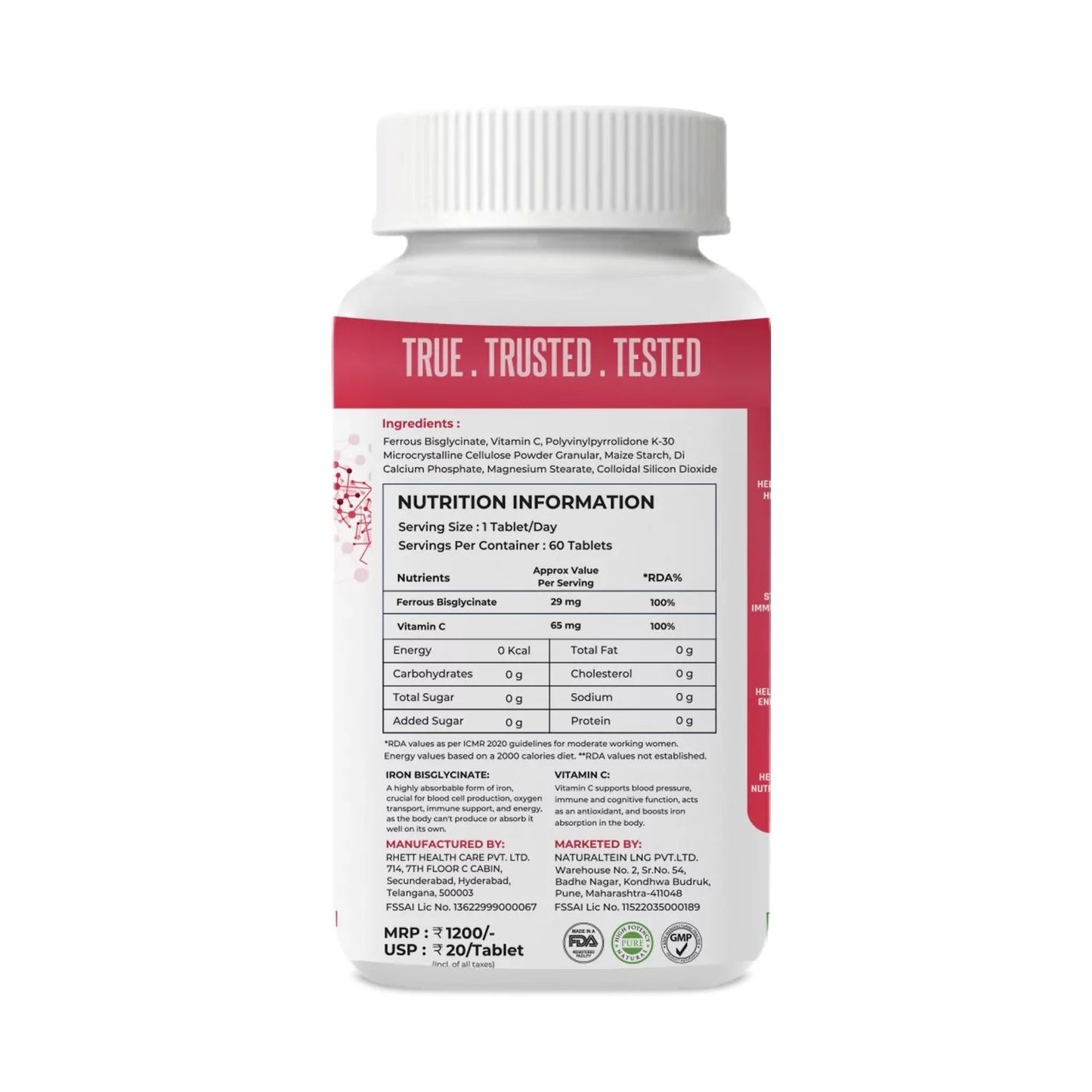 Naturaltein Iron Bisglycinate + Vitamin C | Iron Support for Women