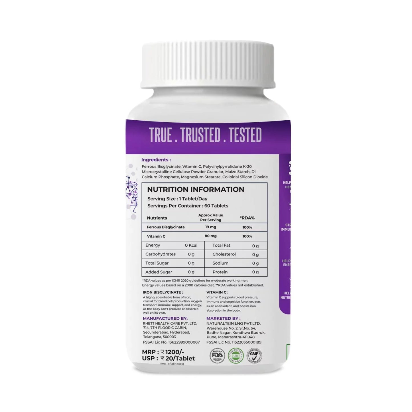 Naturaltein Iron Bisglycinate + Vitamin C | Men’s Iron Support