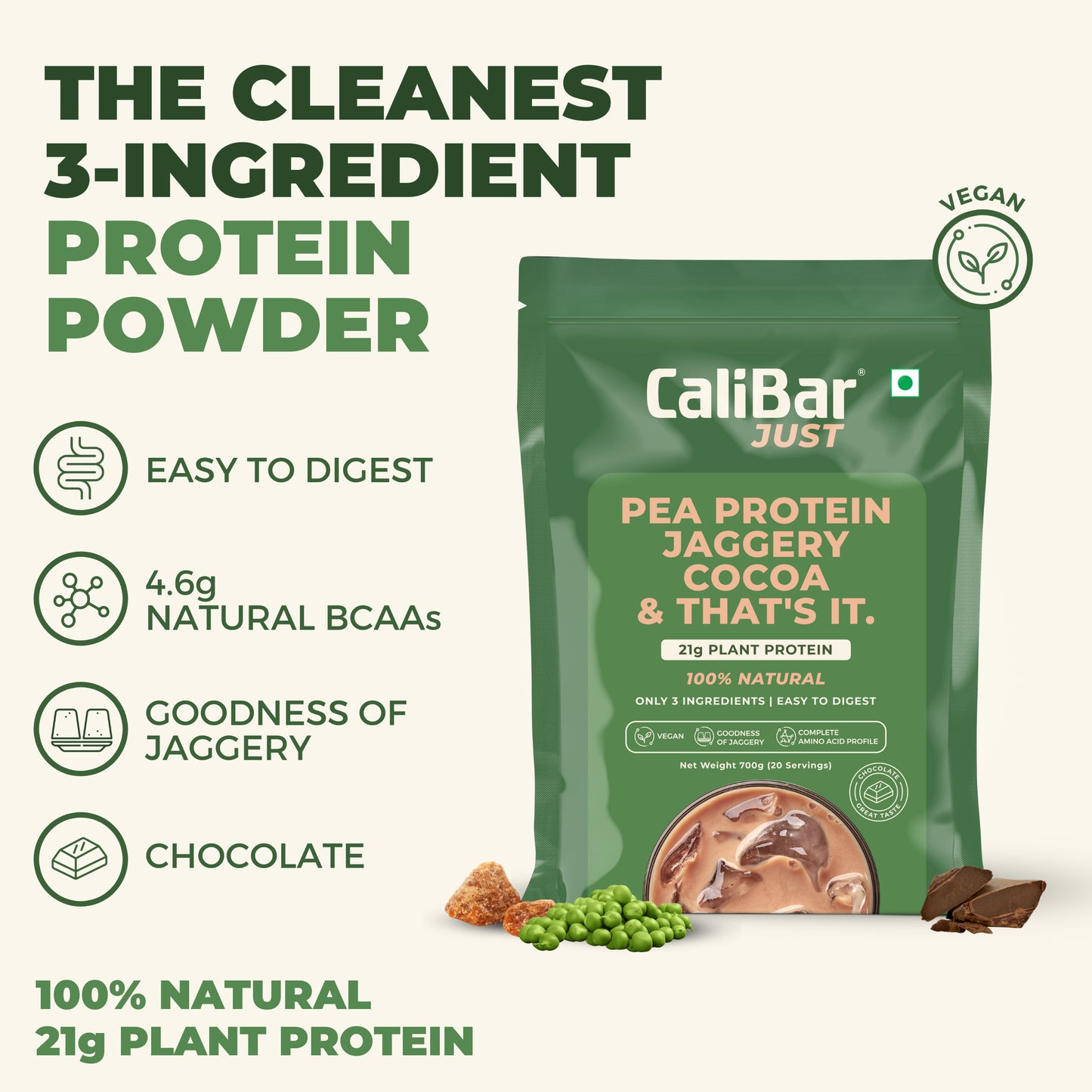 CaliBar Just Pea Protein Jaggery Cocoa – Vegan & Natural