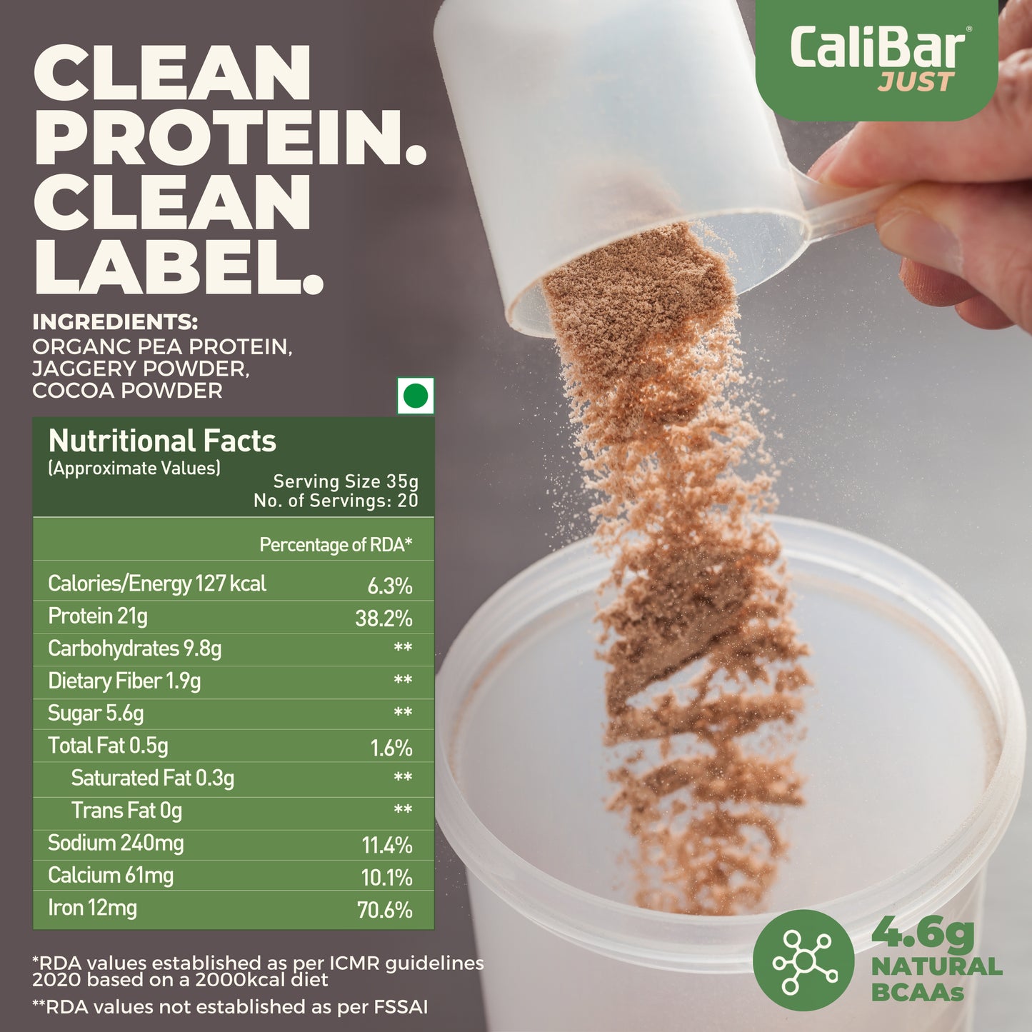 CaliBar Just Pea Protein Jaggery Cocoa – Vegan & Natural
