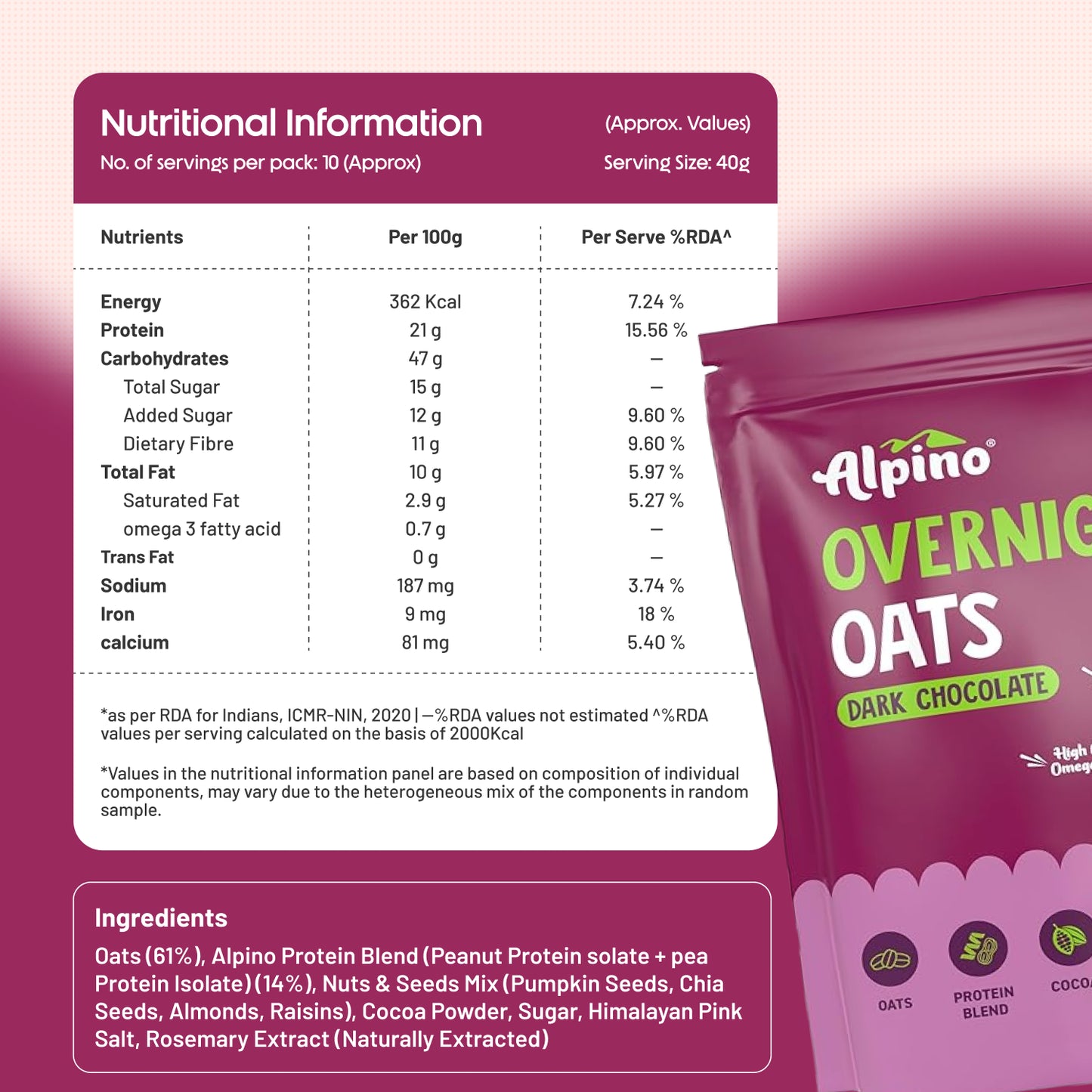Alpino Overnight Oats Dark Chocolate | 21g Protein, Fiber