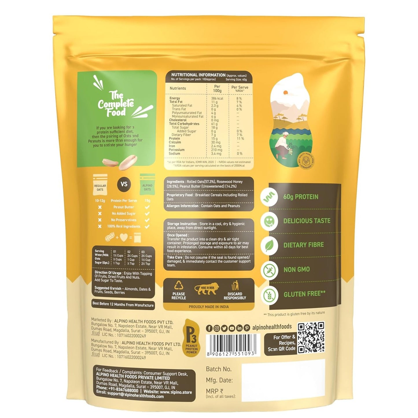 Alpino High Protein Super Oats Honey | 15g Protein & Fiber
