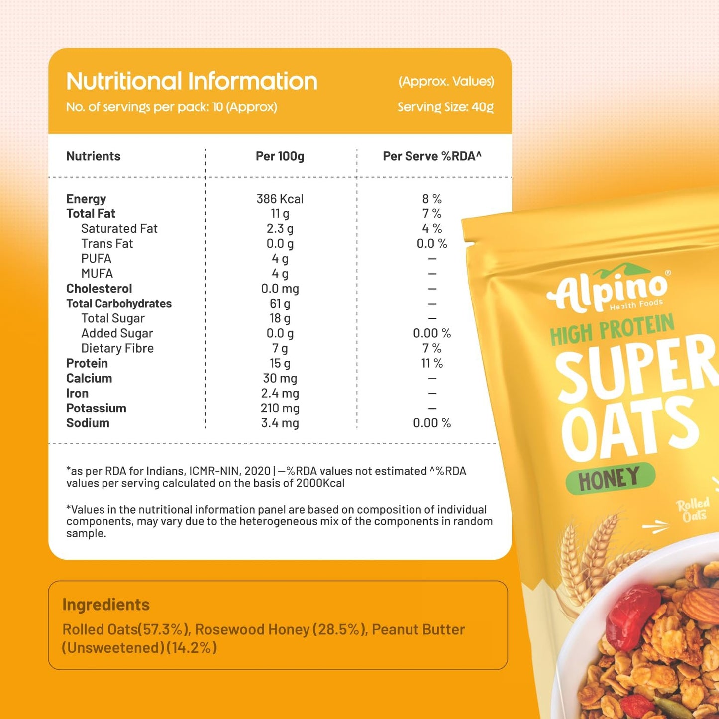 Alpino High Protein Super Oats Honey | 15g Protein & Fiber