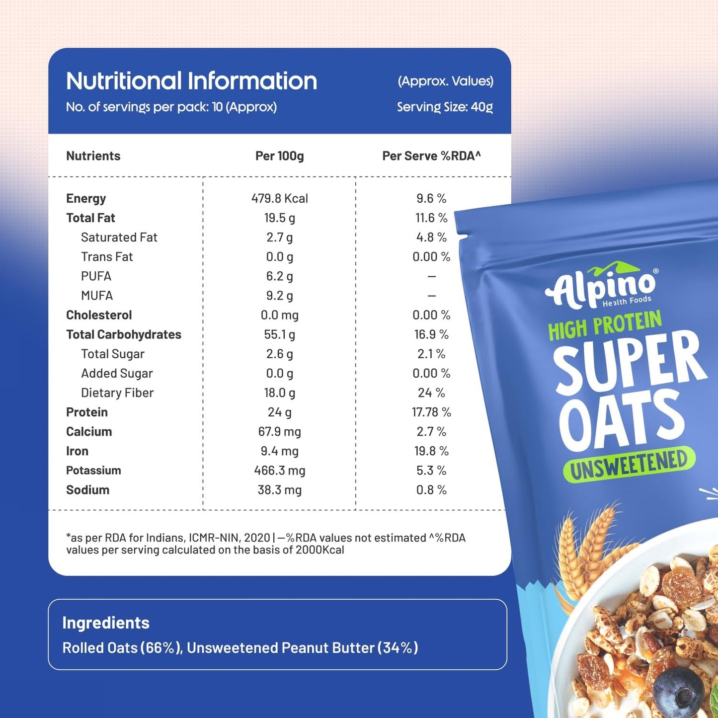 Alpino High Protein Super Oats Unsweetened | 22g Protein