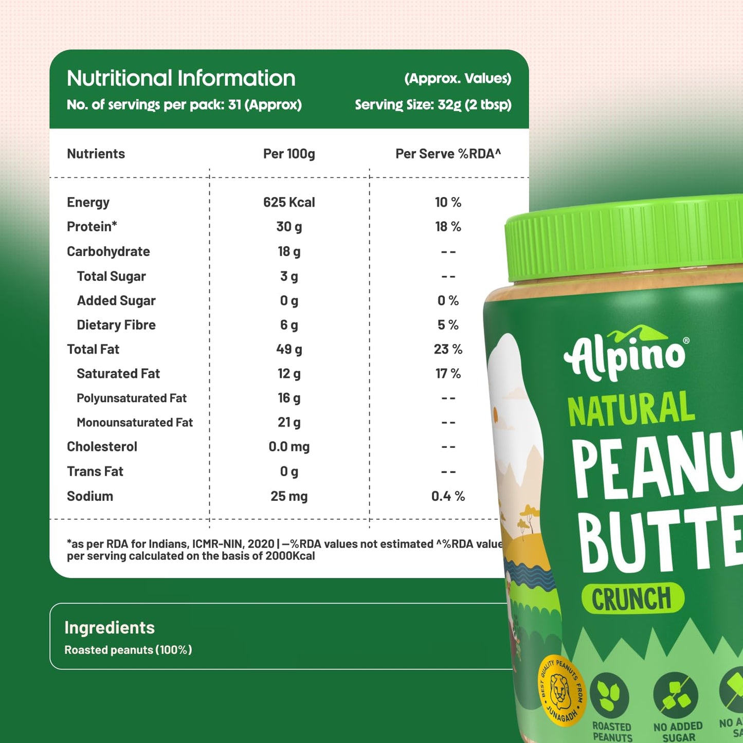 Alpino Natural Peanut Butter | 30g Protein & No Added Sugar