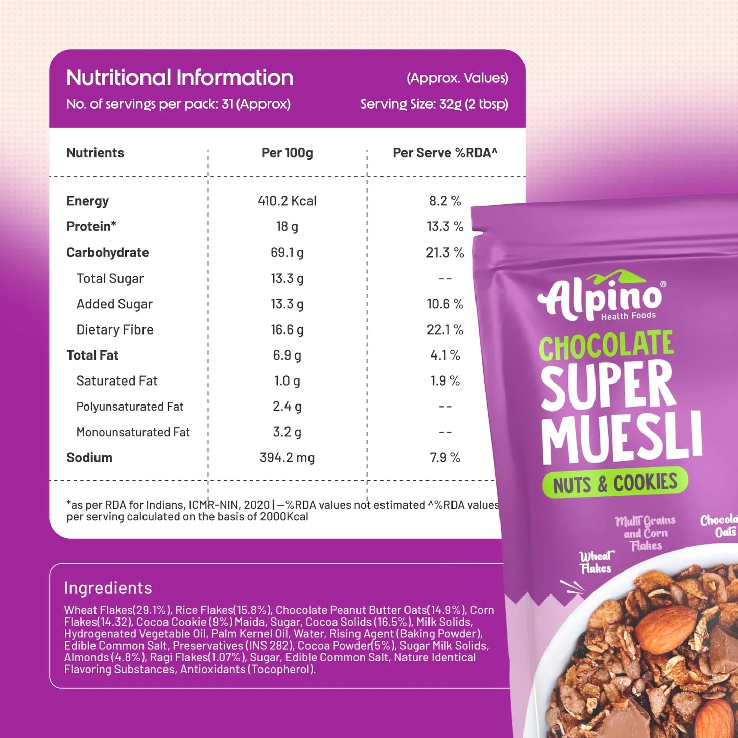 Alpino Chocolate Super Muesli Nuts & Cookies | 18g Protein