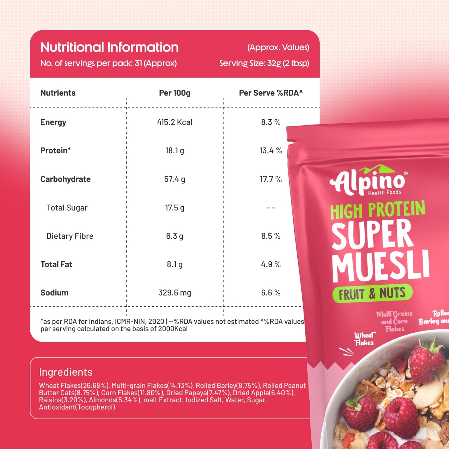 Alpino Super Muesli Fruit & Nuts | 18g Protein & Fiber Boost