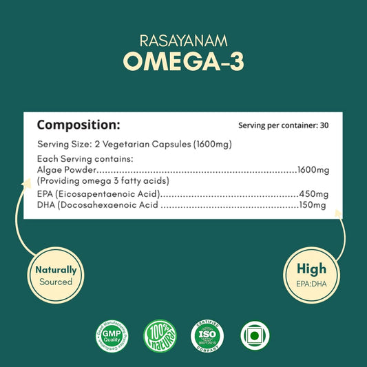 Rasayanam Plant Based Omega 3 - 1600mg Vegan DHA & EPA