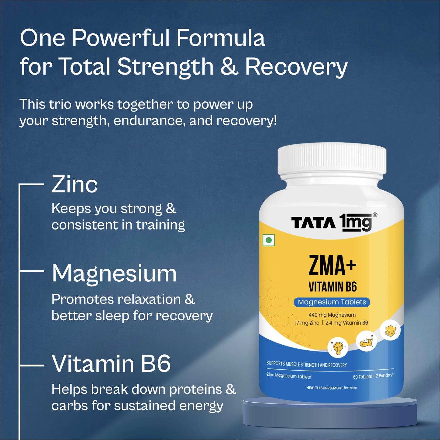 Tata 1mg ZMA+ Vitamin B6 | Muscle Recovery & Sleep Support